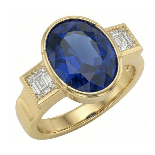 Anello con 3,60 carati lunetta in zaffiro blu dello Sri Lanka 3 pietre in oro bianco 14K