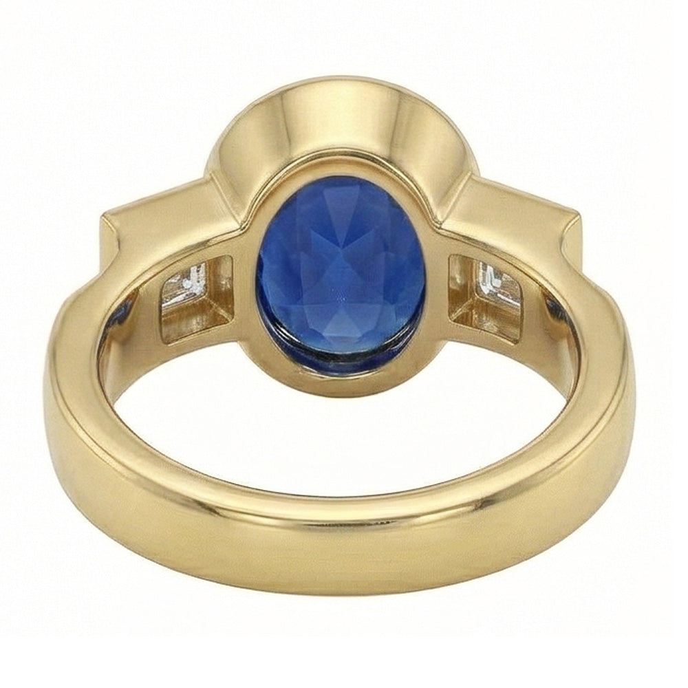 Anello con 3,60 carati lunetta in zaffiro blu dello Sri Lanka 3 pietre in oro bianco 14K