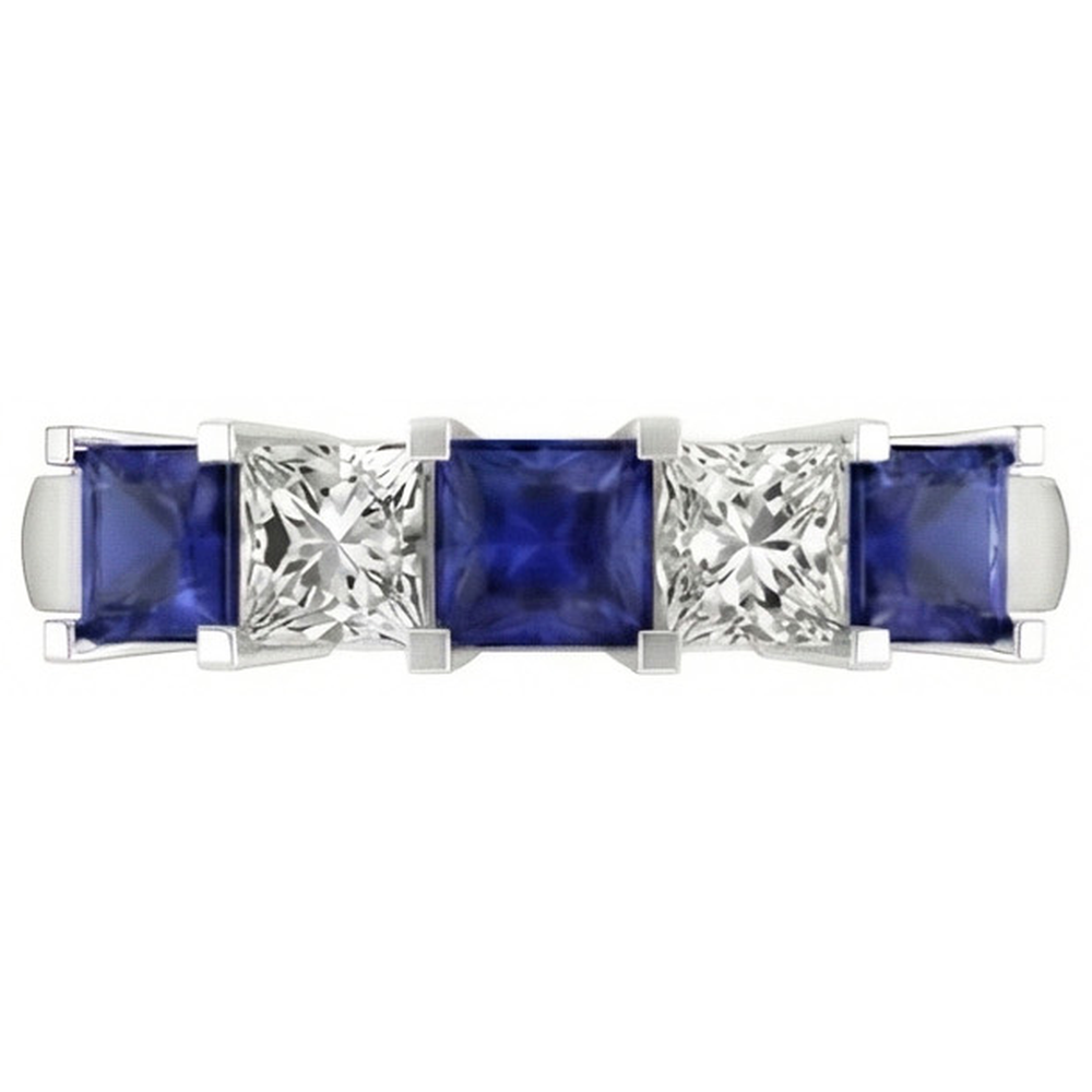 Anello con 5 pietre di diamanti e zaffiri di Ceylon taglio Princess, 1,75 ct