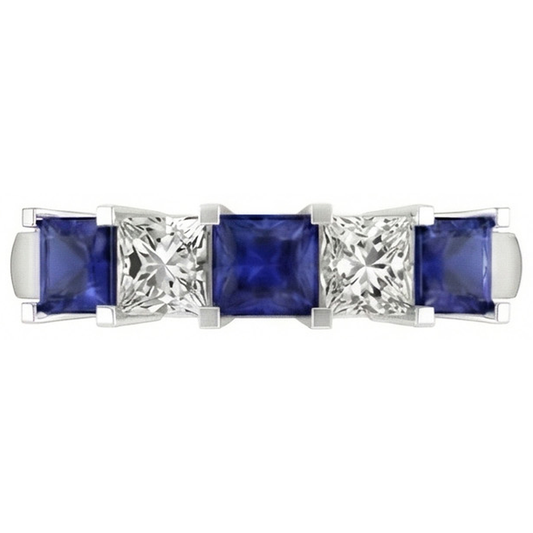 Anello con 5 pietre di diamanti e zaffiri di Ceylon taglio Princess, 1,75 ct