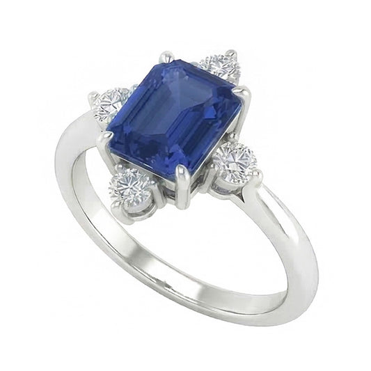 Anello con 5 pietre di zaffiro smeraldo 2 carati e diamanti in oro bianco 14k