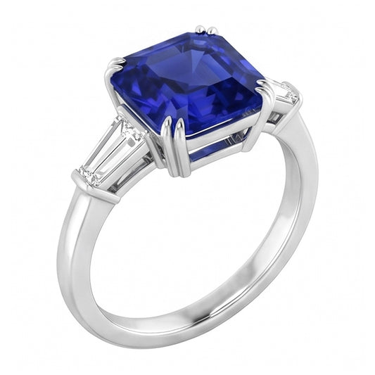 Anello con Baguette in Zaffiro Taglio Asscher Blu Profondo da 2 Carati e 3 Pietre di Diamanti Naturali Autentici ( non creati in laboratorio )