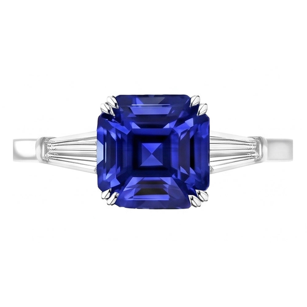 Anello con Baguette in Zaffiro Taglio Asscher Blu Profondo da 2 Carati e 3 Pietre di Diamanti Naturali Autentici ( non creati in laboratorio )