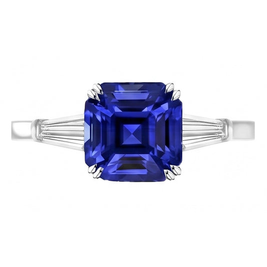 Anello con Baguette in Zaffiro Taglio Asscher Blu Profondo da 2 Carati e 3 Pietre di Diamanti Naturali Autentici ( non creati in laboratorio )