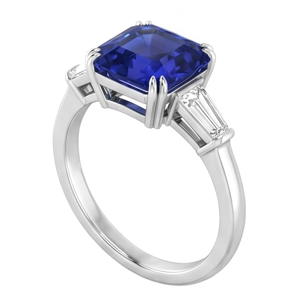 Anello con Baguette in Zaffiro Taglio Asscher Blu Profondo da 2 Carati e 3 Pietre di Diamanti Naturali Autentici ( non creati in laboratorio )