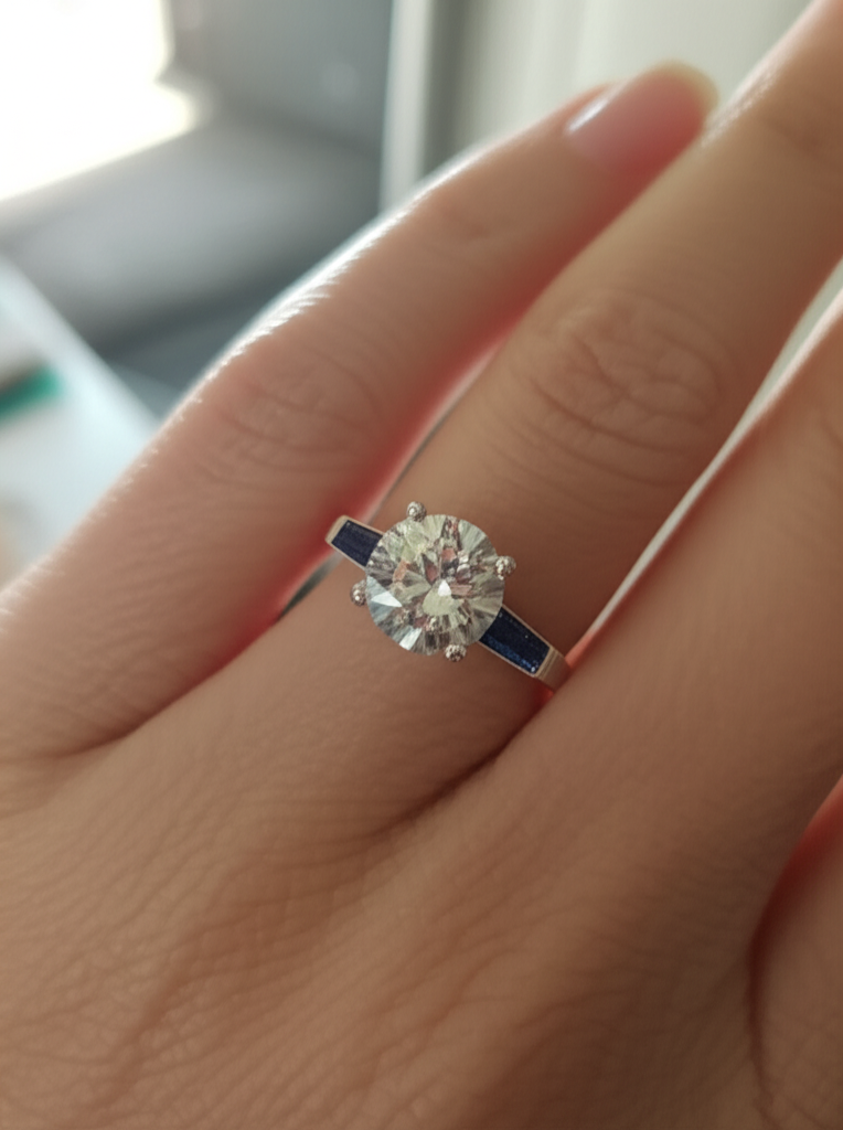 Anello con Diamante Zaffiro Blu Naturale da 3,20 ct. 3 Pietra