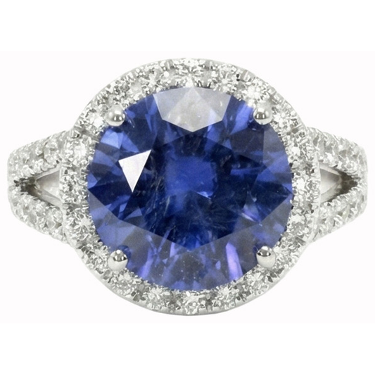 Anello con Diamanti Taglio Rotondo Con Zaffiro Blu Ceylon Oro Gioielli