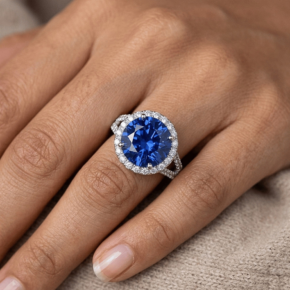 Anello con Diamanti Taglio Rotondo Con Zaffiro Blu Ceylon Oro Gioielli