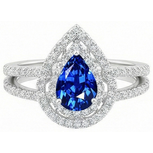 Anello con Pera di zaffiro di Ceylon da 4,90 carati e diamanti taglio rotondo