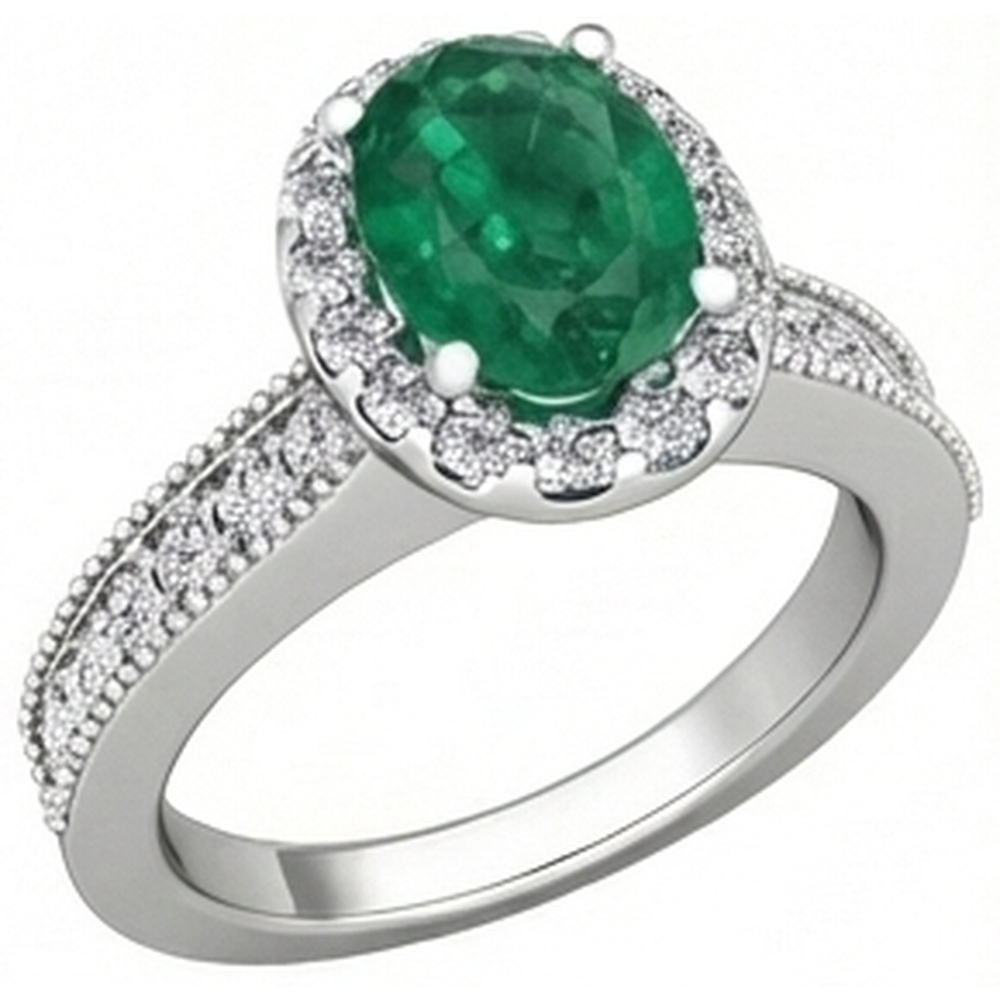 Anello con Verde smeraldo a taglio ovale e diamanti tondi da 4.75 carati in oro bianco 14 carati