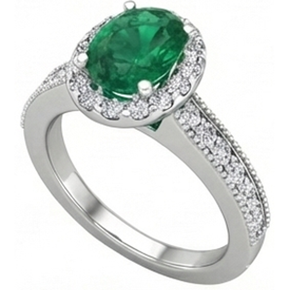 Anello con Verde smeraldo a taglio ovale e diamanti tondi da 4.75 carati in oro bianco 14 carati