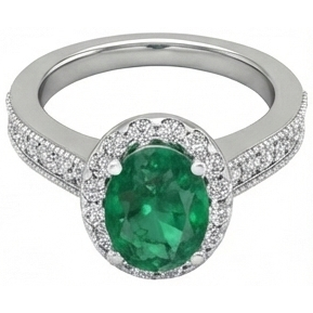 Anello con Verde smeraldo a taglio ovale e diamanti tondi da 4.75 carati in oro bianco 14 carati