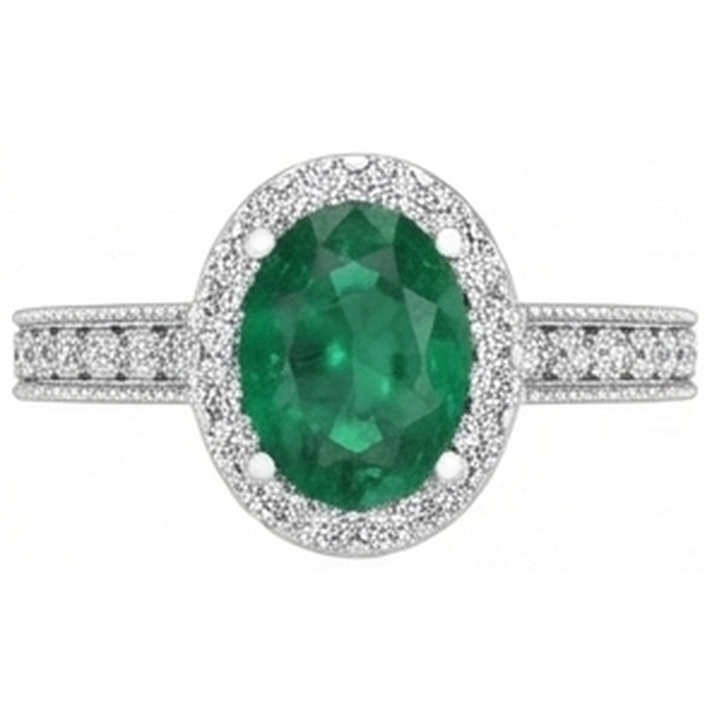 Anello con Verde smeraldo a taglio ovale e diamanti tondi da 4.75 carati in oro bianco 14 carati