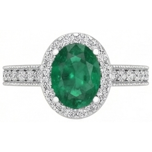 Anello con Verde smeraldo a taglio ovale e diamanti tondi da 4.75 carati in oro bianco 14 carati