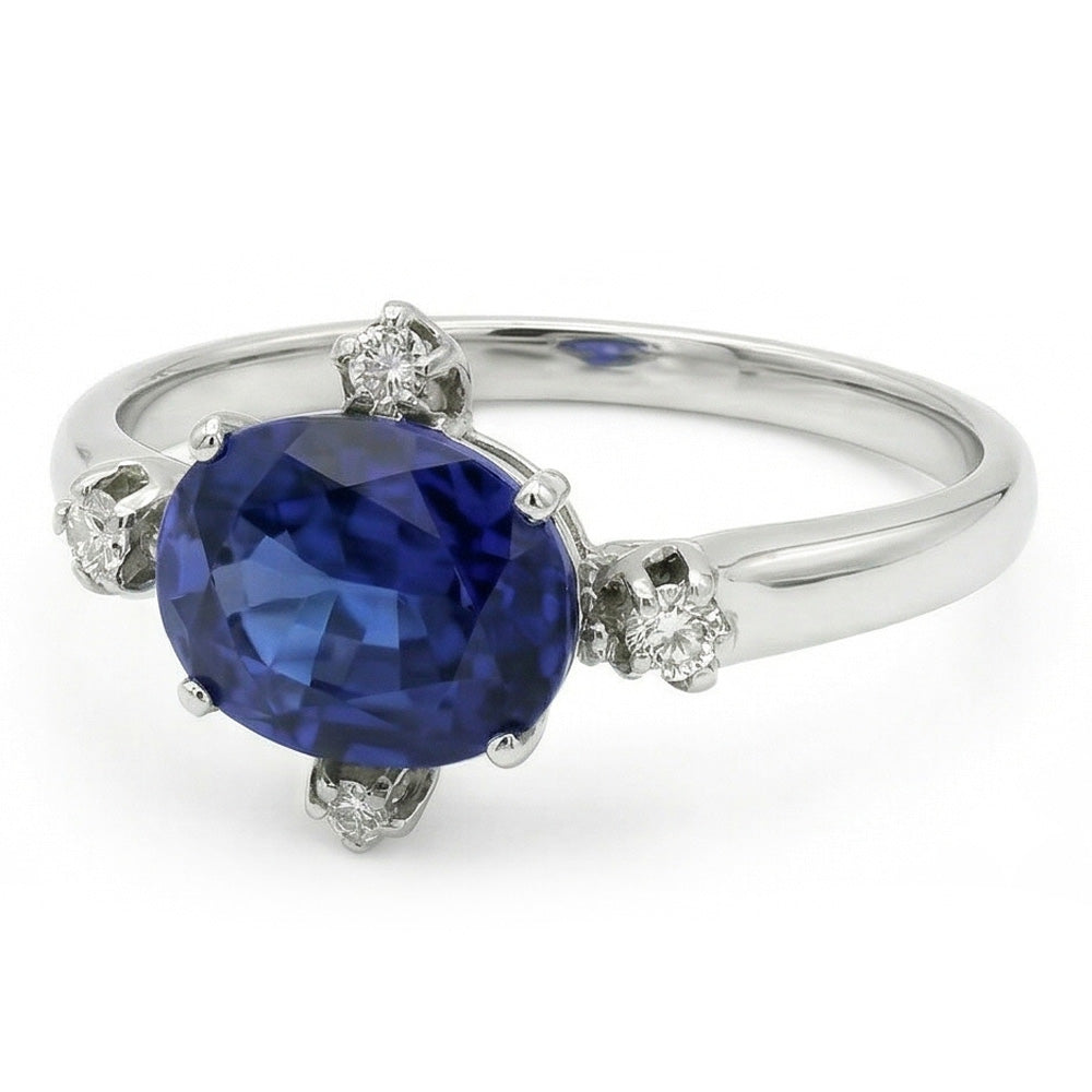 Anello con Zaffiro Blu 3,50 Carati e Diamanti Naturali Autentici ( non creati in laboratorio ) 5 Pietre Gemma Gemma