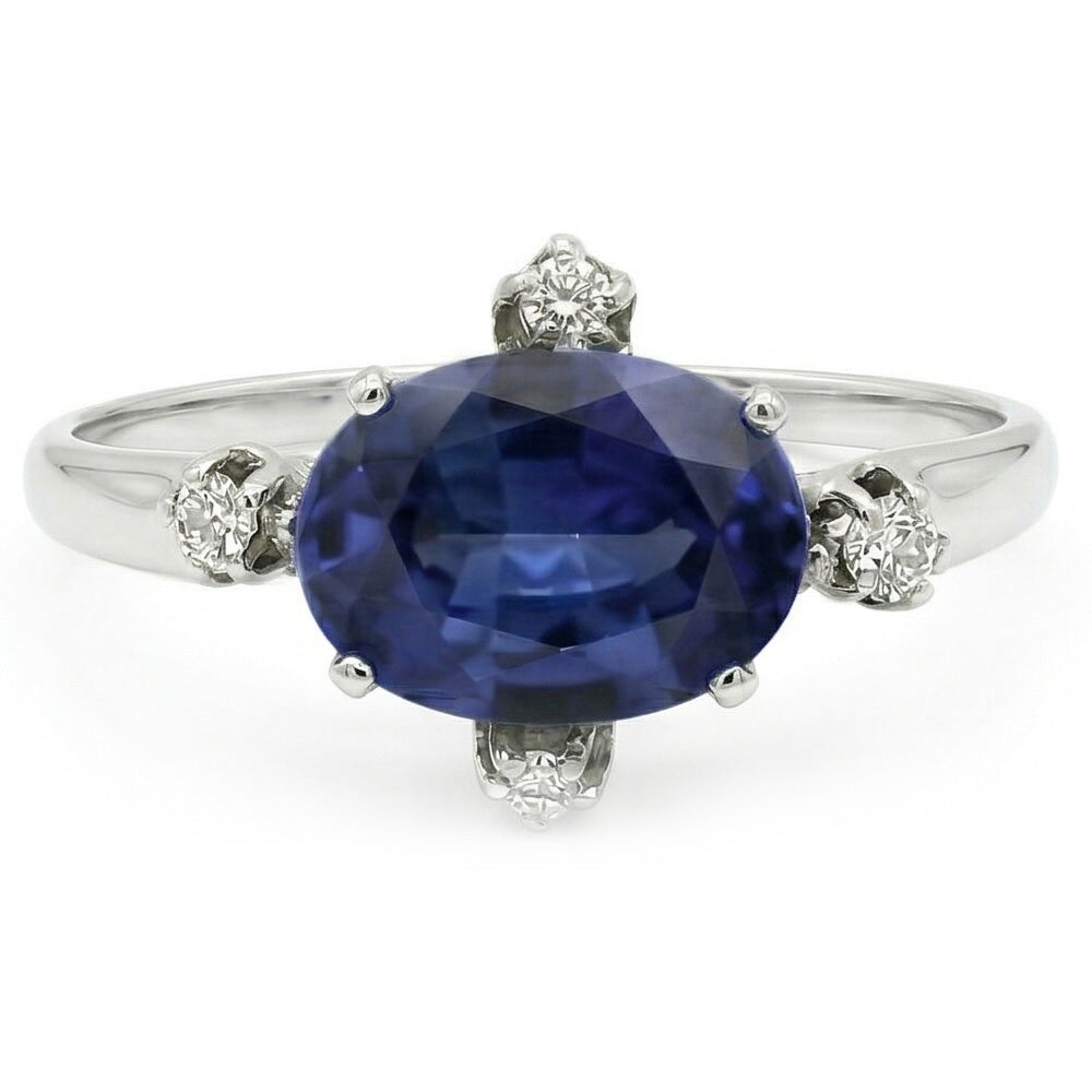 Anello con Zaffiro Blu 3,50 Carati e Diamanti Naturali Autentici ( non creati in laboratorio ) 5 Pietre Gemma Gemma