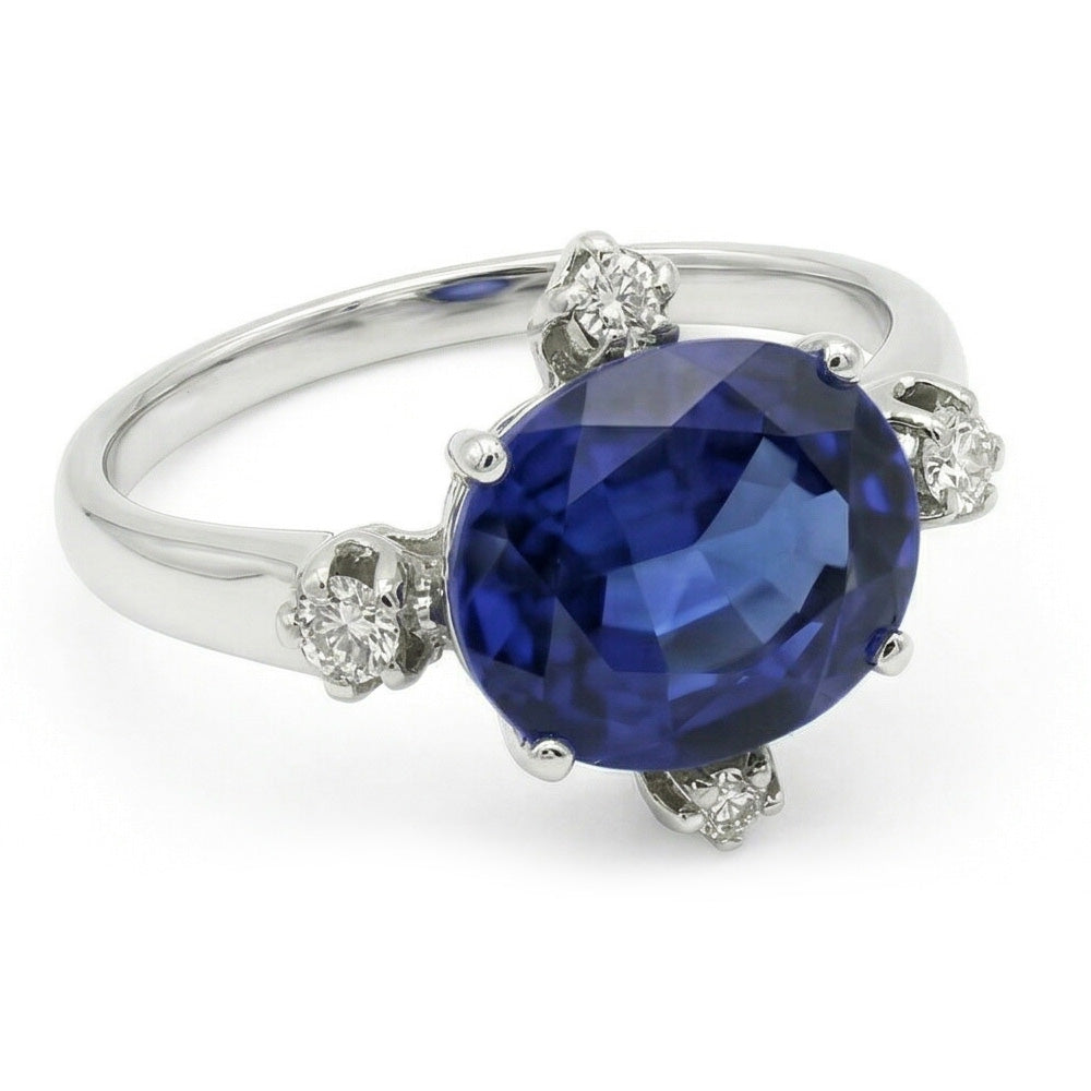 Anello con Zaffiro Blu 3,50 Carati e Diamanti Naturali Autentici ( non creati in laboratorio ) 5 Pietre Gemma Gemma