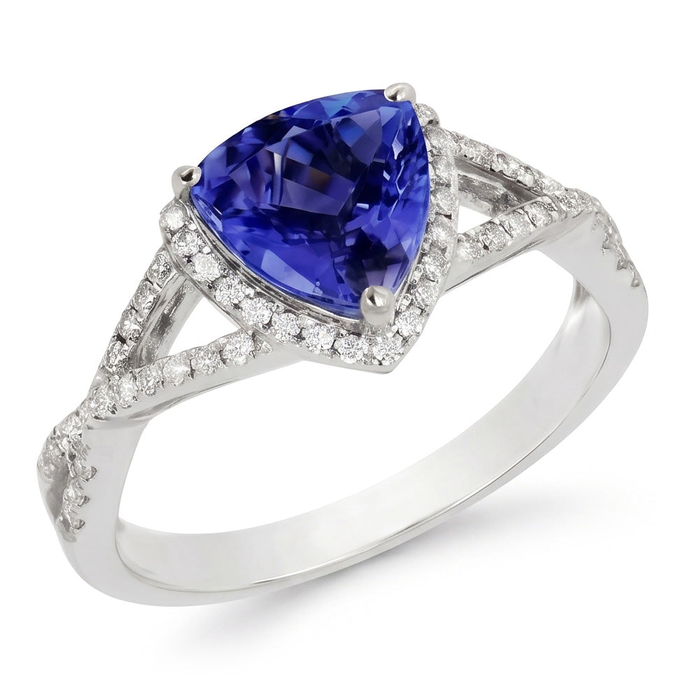 Anello con Zaffiro Blu 3,66 Carati E Diamanti in Oro Bianco 14 carati