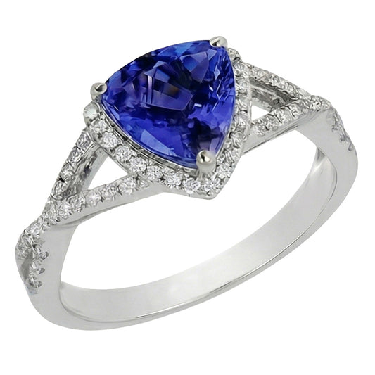 Anello con Zaffiro Blu 3,66 Carati E Diamanti in Oro Bianco 14 carati