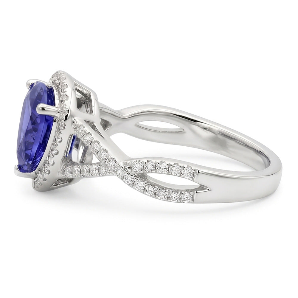 Anello con Zaffiro Blu 3,66 Carati E Diamanti in Oro Bianco 14 carati