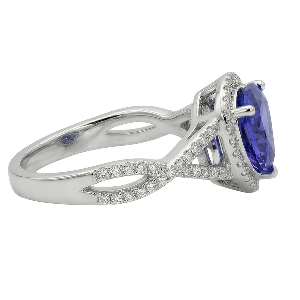 Anello con Zaffiro Blu 3,66 Carati E Diamanti in Oro Bianco 14 carati