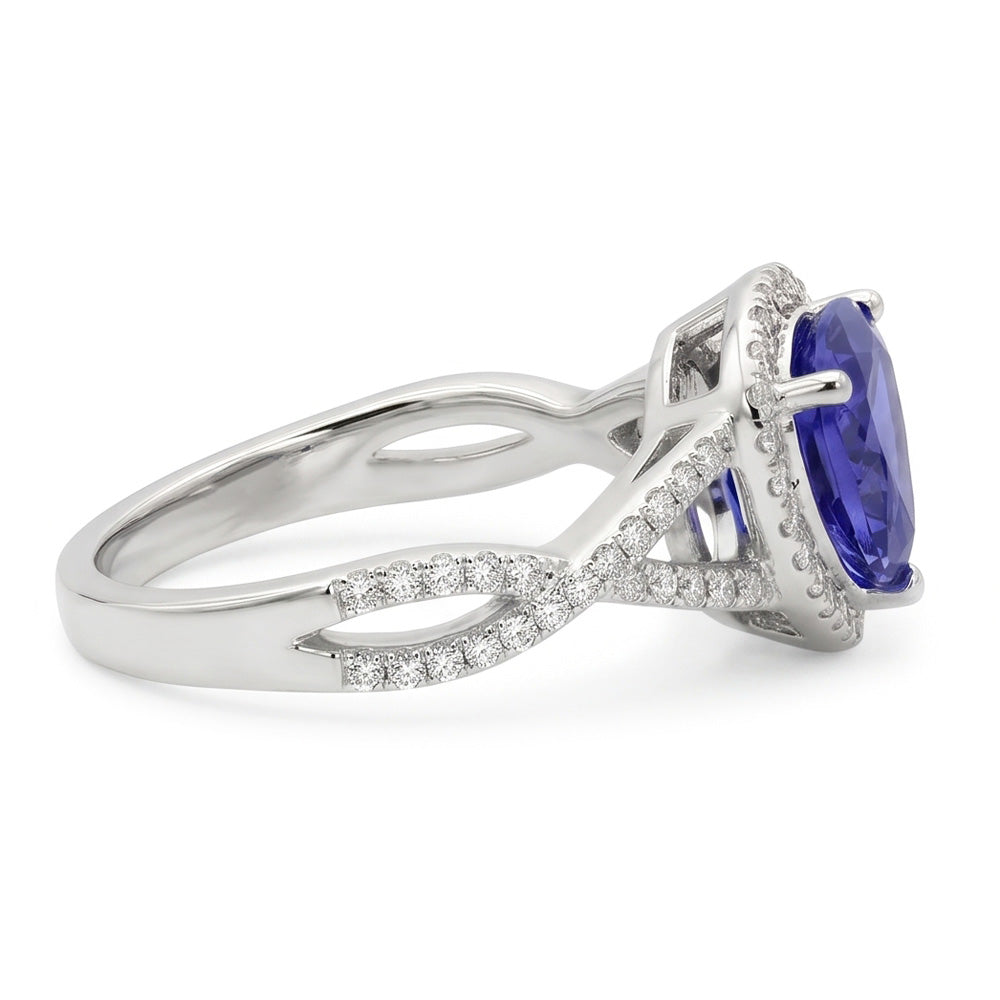 Anello con Zaffiro Blu 3,66 Carati E Diamanti in Oro Bianco 14 carati