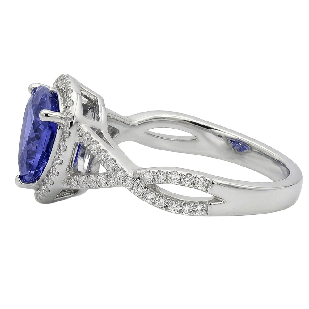 Anello con Zaffiro Blu 3,66 Carati E Diamanti in Oro Bianco 14 carati