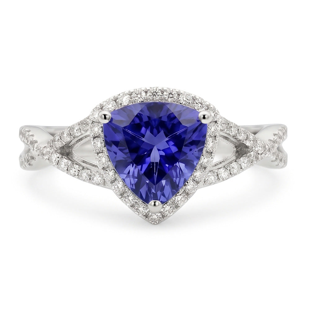 Anello con Zaffiro Blu 3,66 Carati E Diamanti in Oro Bianco 14 carati
