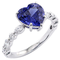 Anello con Zaffiro Blu Cuore 3 Carati e Diamante Naturale Autentico ( non creato in laboratorio ) Marquise & Round in oro bianco 14K