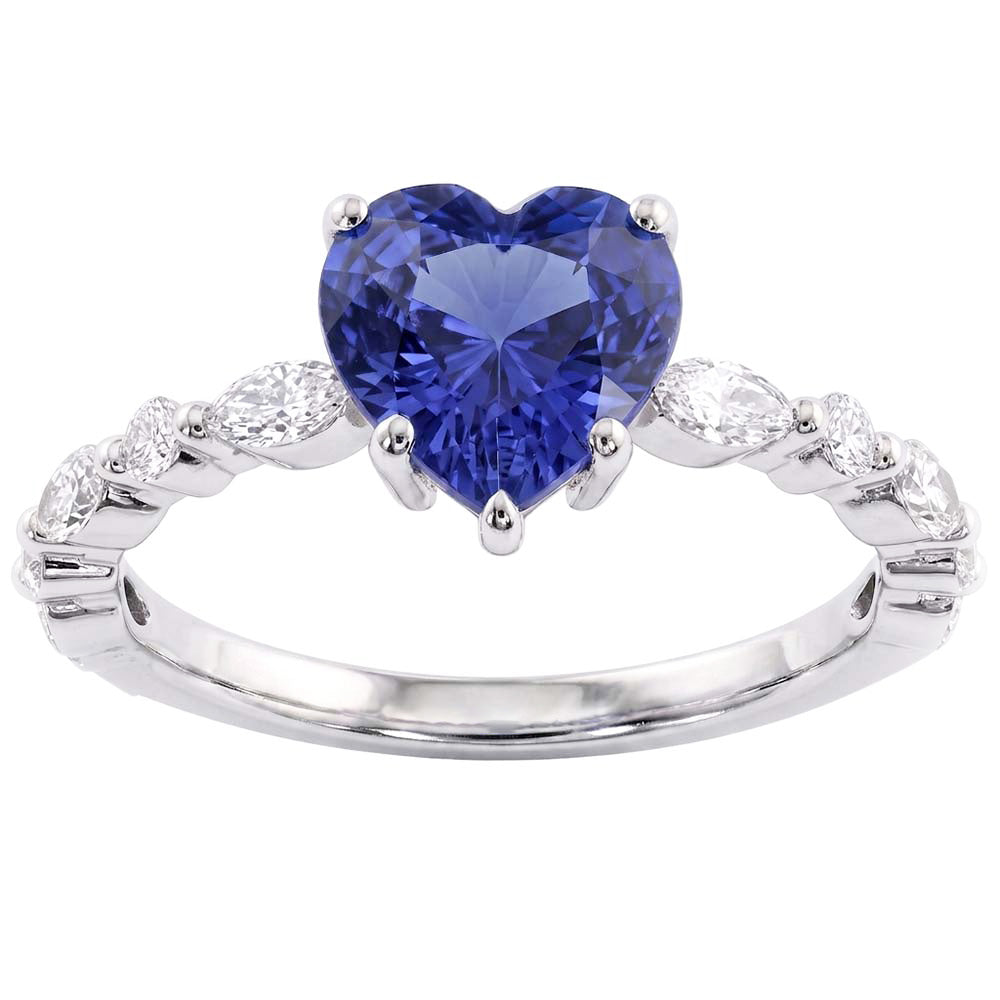 Anello con Zaffiro Blu Cuore 3 Carati e Diamante Naturale Autentico ( non creato in laboratorio ) Marquise & Round in oro bianco 14K