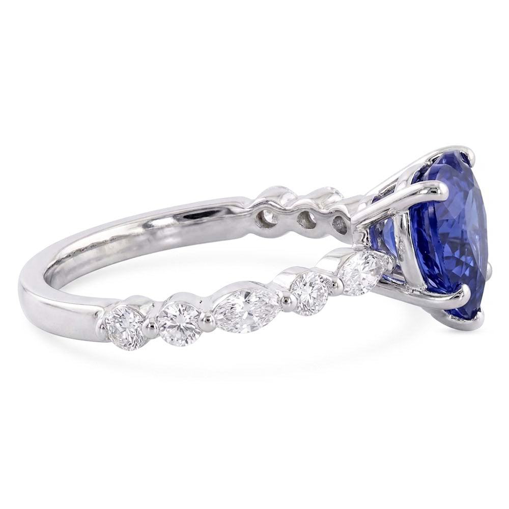 Anello con Zaffiro Blu Cuore 3 Carati e Diamante Naturale Autentico ( non creato in laboratorio ) Marquise & Round in oro bianco 14K