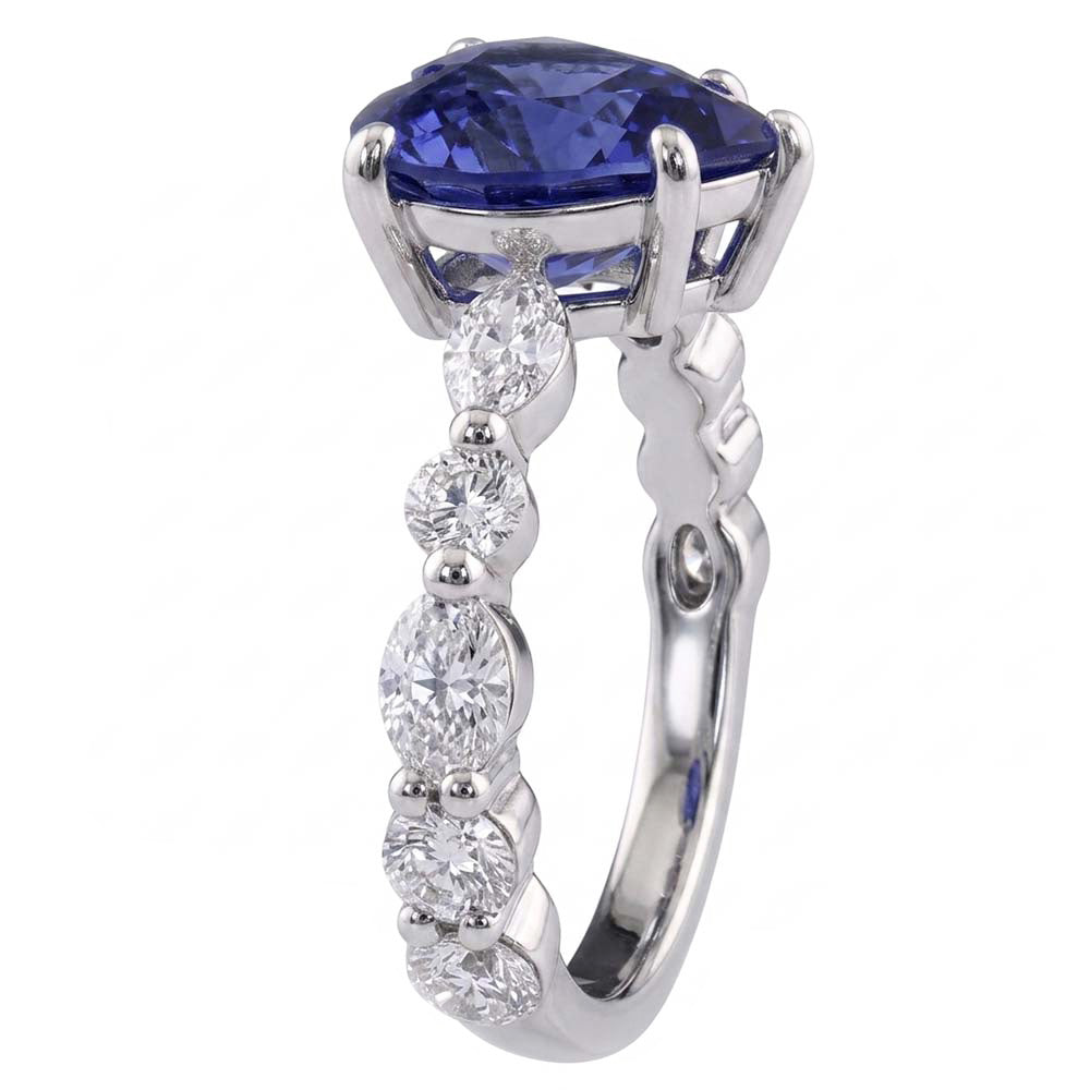 Anello con Zaffiro Blu Cuore 3 Carati e Diamante Naturale Autentico ( non creato in laboratorio ) Marquise & Round in oro bianco 14K
