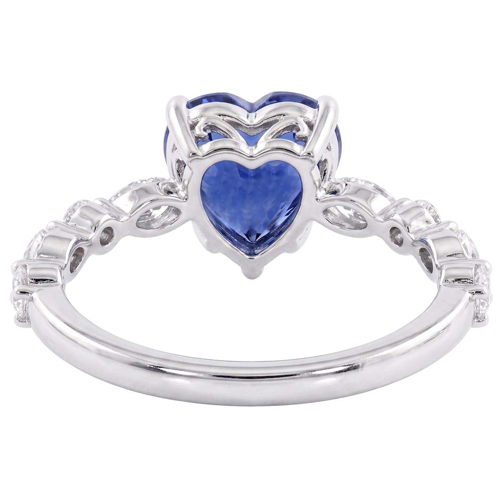 Anello con Zaffiro Blu Cuore 3 Carati e Diamante Naturale Autentico ( non creato in laboratorio ) Marquise & Round in oro bianco 14K