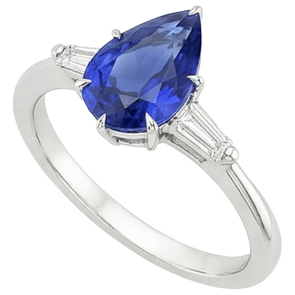 Anello con Zaffiro Blu Pera 3 Carati e Diamanti Baguette Tre Pietre in oro bianco 14 carati