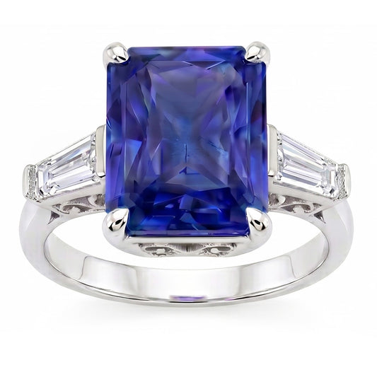 Anello con Zaffiro Blu Radiante 2,50 Carati e Diamante Naturale Autentico ( non creato in laboratorio ) Baguette 3 Pietre
