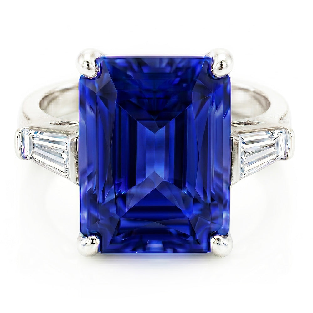 Anello con Zaffiro Blu Radiante 2,50 Carati e Diamante Naturale Autentico ( non creato in laboratorio ) Baguette 3 Pietre