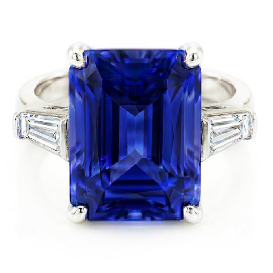 Anello con Zaffiro Blu Radiante 2,50 Carati e Diamante Naturale Autentico ( non creato in laboratorio ) Baguette 3 Pietre