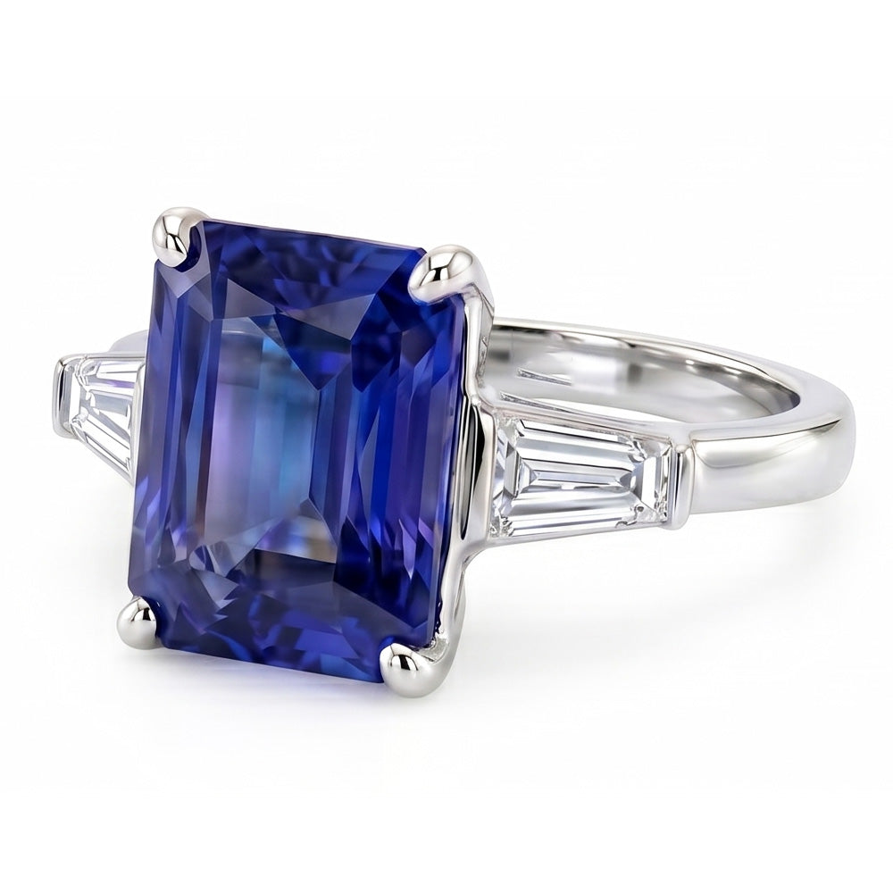 Anello con Zaffiro Blu Radiante 2,50 Carati e Diamante Naturale Autentico ( non creato in laboratorio ) Baguette 3 Pietre
