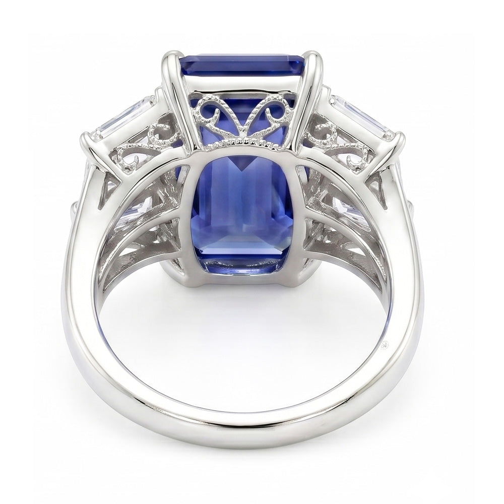 Anello con Zaffiro Blu Radiante 2,50 Carati e Diamante Naturale Autentico ( non creato in laboratorio ) Baguette 3 Pietre