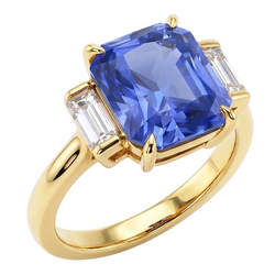 Anello con Zaffiro Blu Radiante Carati 2.50 e Diamanti Naturali Autentici ( non creati in laboratorio ) Baguette 3 Pietre