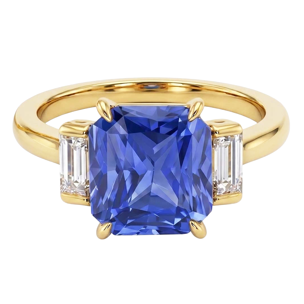 Anello con Zaffiro Blu Radiante Carati 2.50 e Diamanti Naturali Autentici ( non creati in laboratorio ) Baguette 3 Pietre