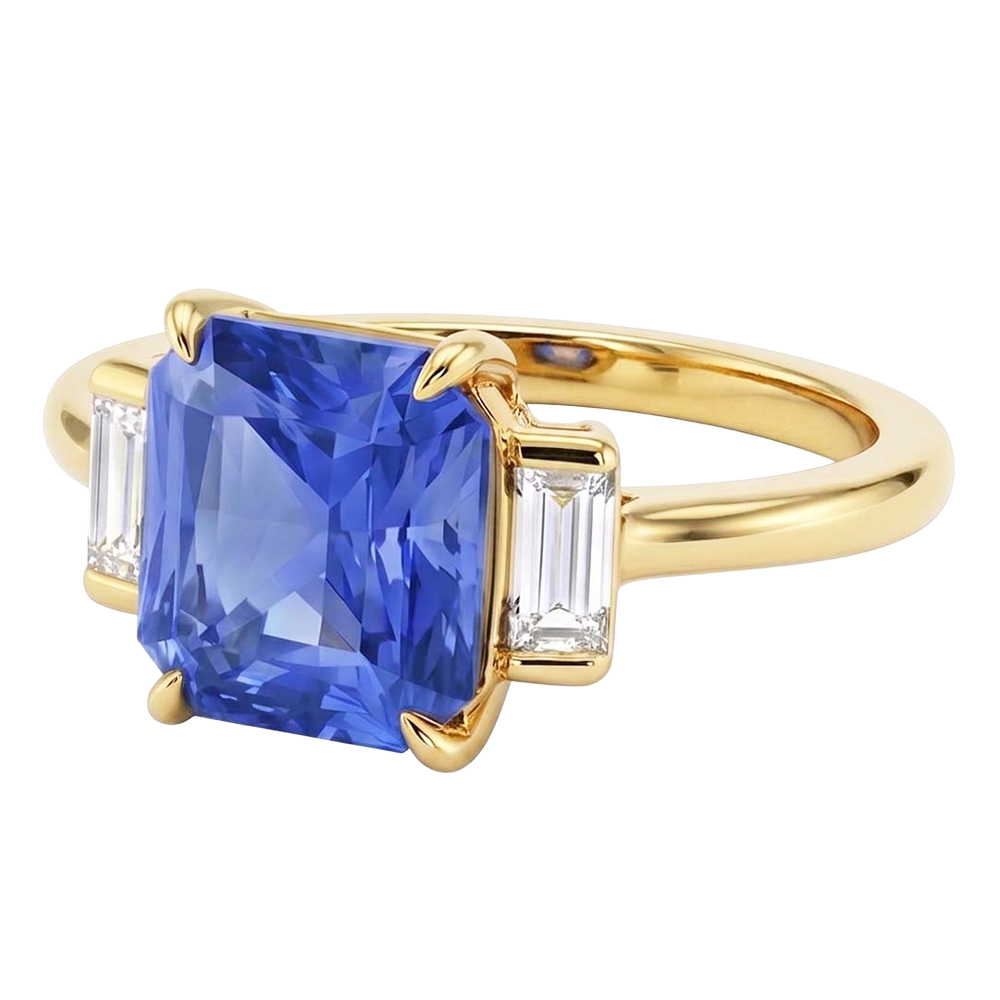 Anello con Zaffiro Blu Radiante Carati 2.50 e Diamanti Naturali Autentici ( non creati in laboratorio ) Baguette 3 Pietre