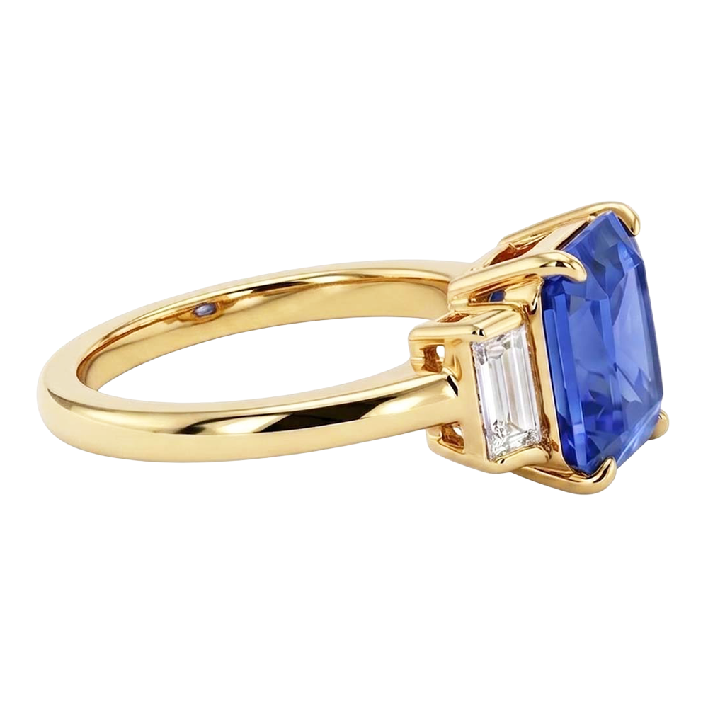 Anello con Zaffiro Blu Radiante Carati 2.50 e Diamanti Naturali Autentici ( non creati in laboratorio ) Baguette 3 Pietre