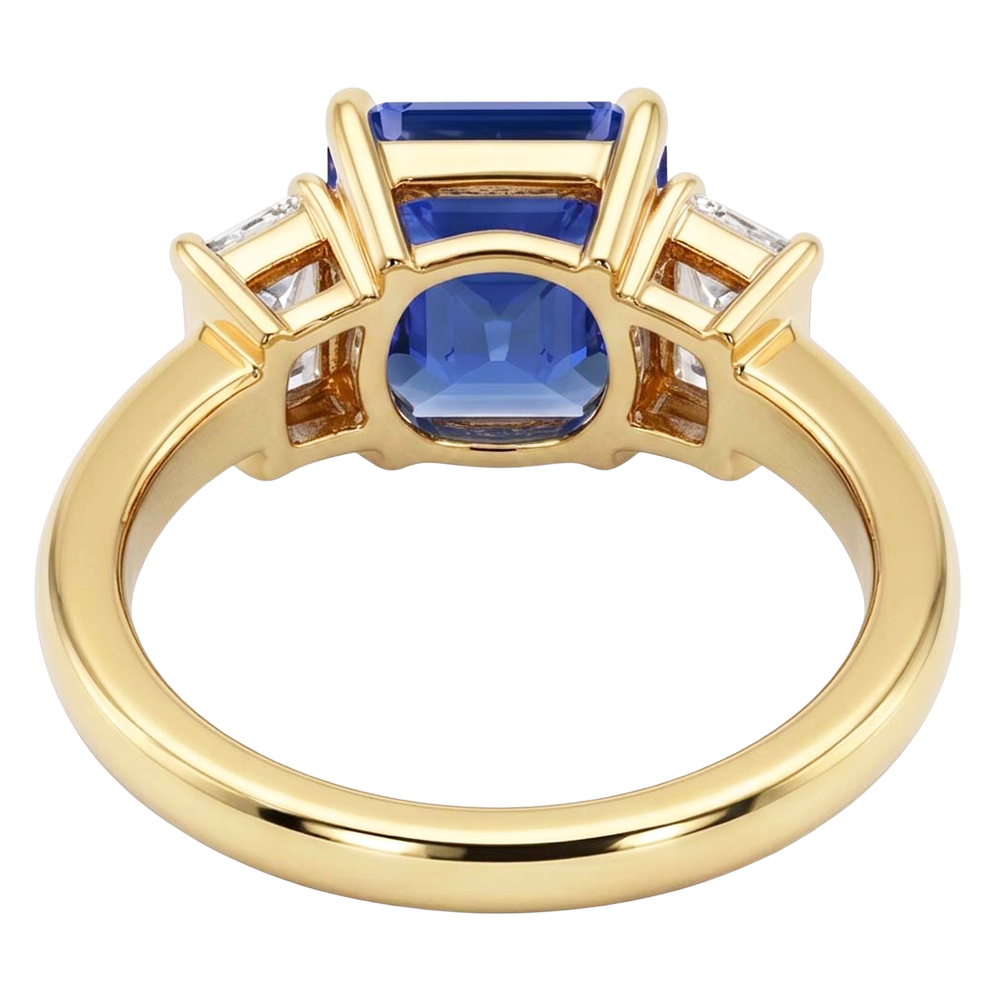 Anello con Zaffiro Blu Radiante Carati 2.50 e Diamanti Naturali Autentici ( non creati in laboratorio ) Baguette 3 Pietre