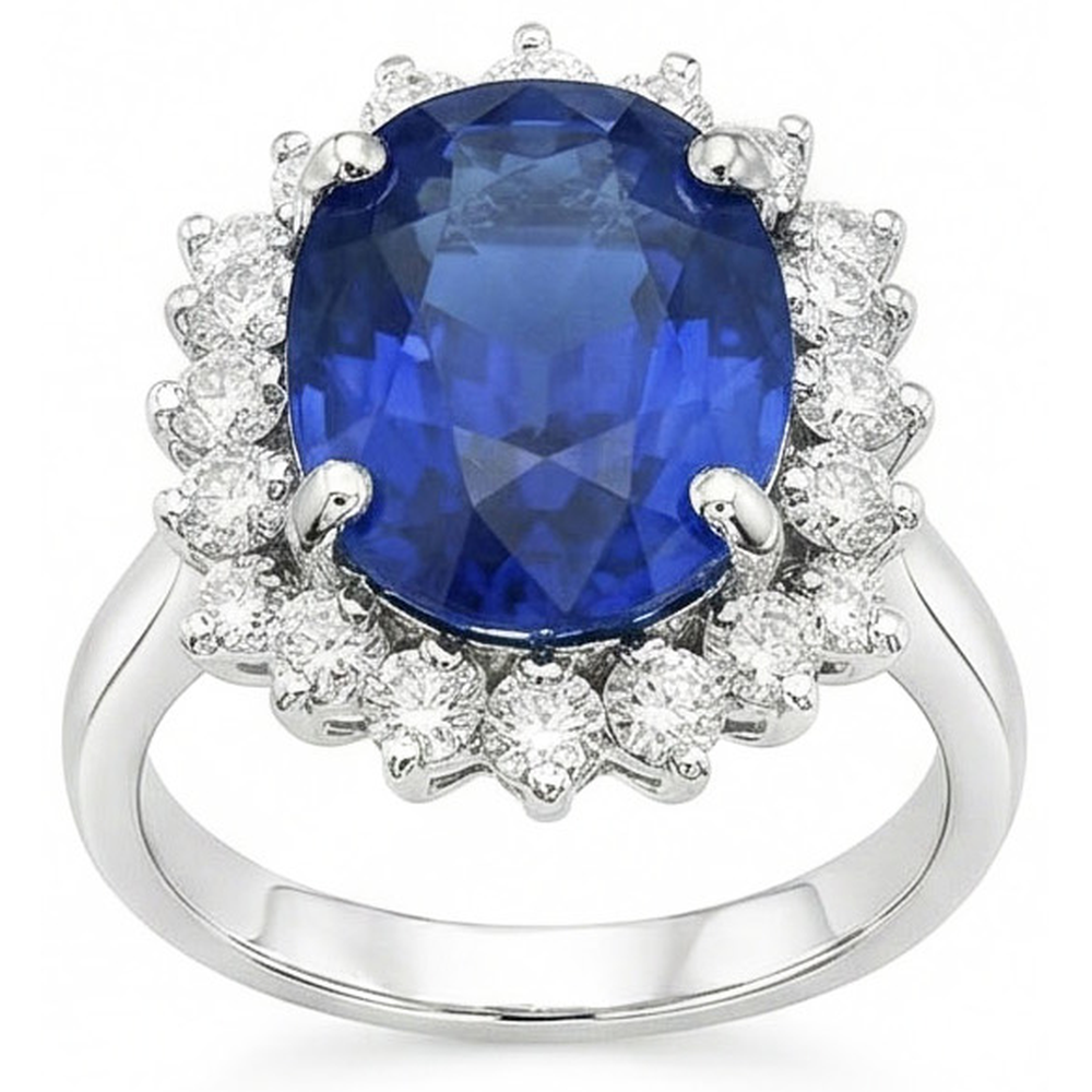 Anello con Zaffiro Ceylon Taglio Ovale E Rotondo, 8 Carati, Diamanti Naturali Autentici ( non creati in laboratorio ) WG 14K