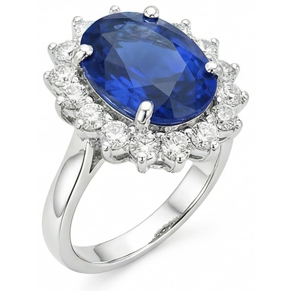 Anello con Zaffiro Ceylon Taglio Ovale E Rotondo, 8 Carati, Diamanti Naturali Autentici ( non creati in laboratorio ) WG 14K