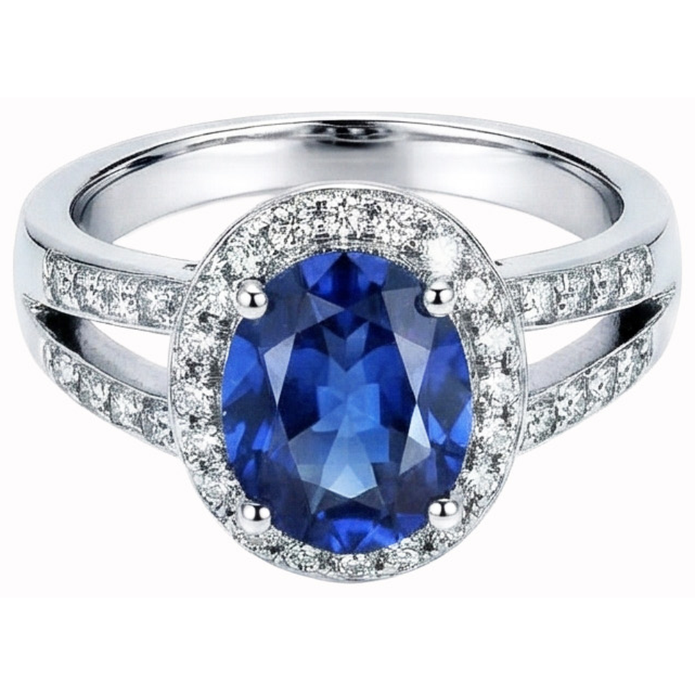 Anello con Zaffiro Ovale Sri Lanka 3,50 Carati e Diamanti Naturali Autentici ( non creati in laboratorio ) Rotondi in Oro Bianco 14K