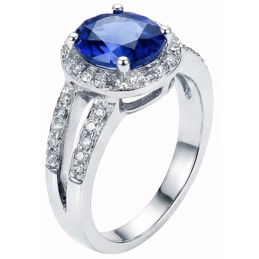 Anello con Zaffiro Ovale Sri Lanka 3,50 Carati e Diamanti Naturali Autentici ( non creati in laboratorio ) Rotondi in Oro Bianco 14K