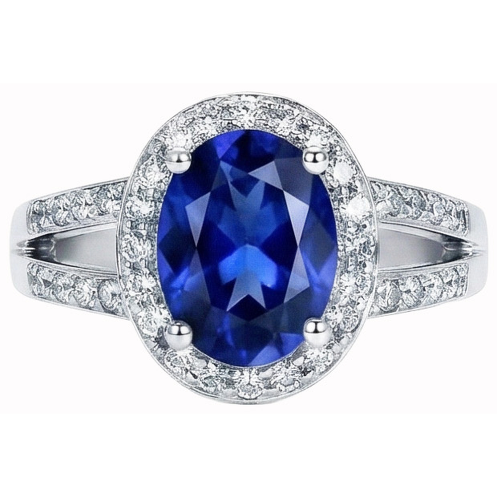 Anello con Zaffiro Ovale Sri Lanka 3,50 Carati e Diamanti Naturali Autentici ( non creati in laboratorio ) Rotondi in Oro Bianco 14K