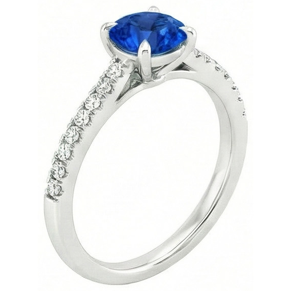 Anello con Zaffiro dello Sri Lanka Rotondo Gioielli Con Diamanti Naturali Autentici ( non creati in laboratorio ) Oro Bianco 14K